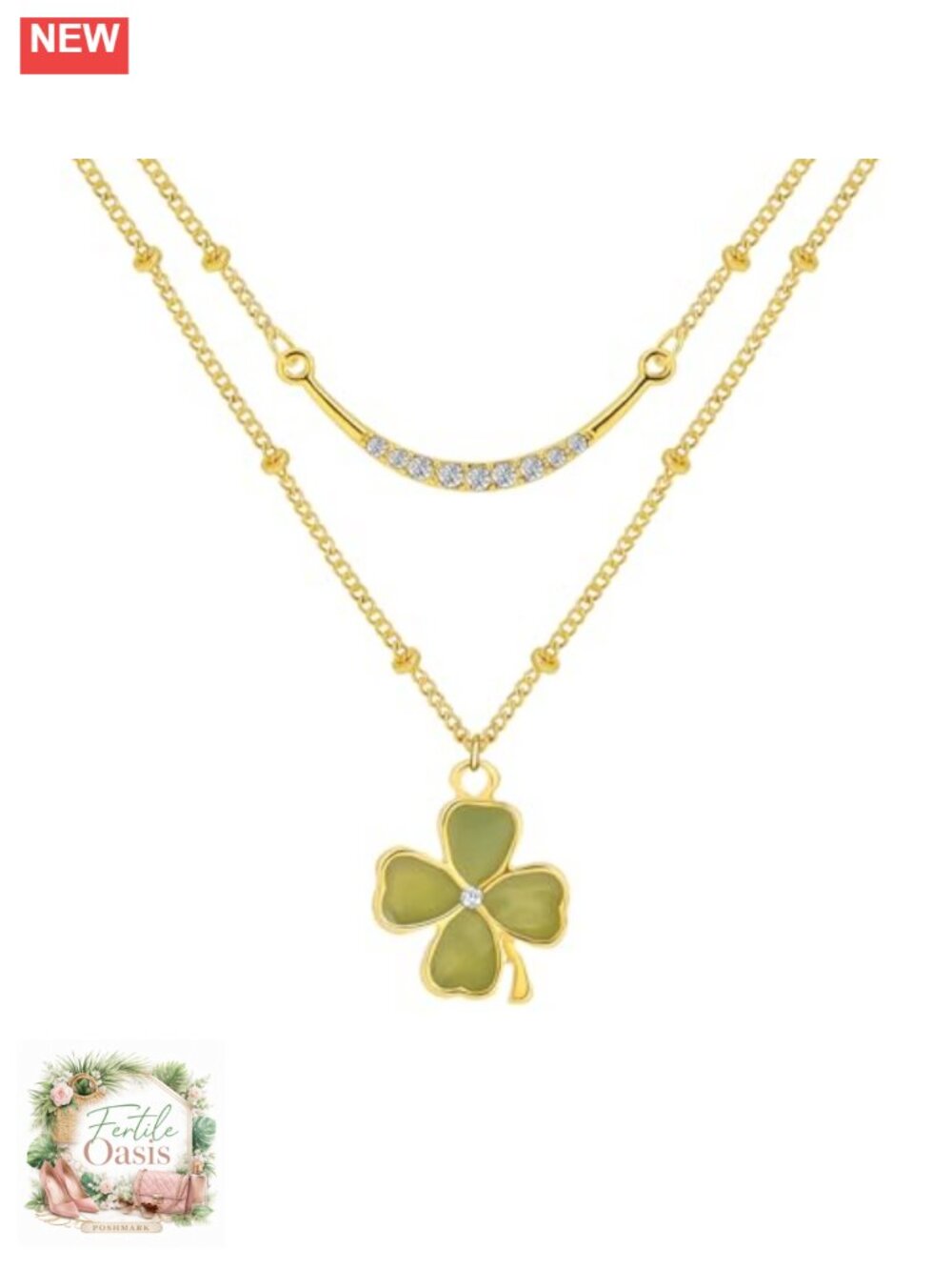 18K Gold Plated Four Leaf Clover Necklace Cubic Zirconia Dainty Irish Shamrock